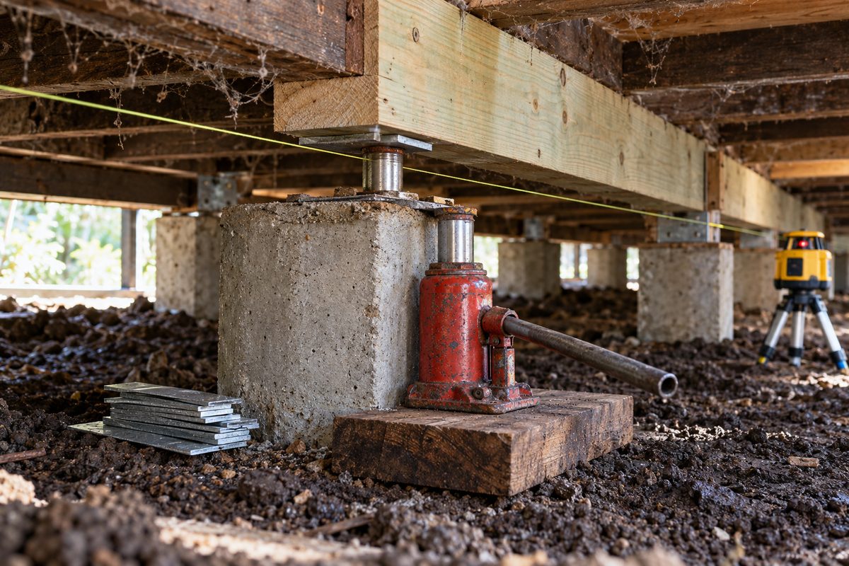 Under a house in Warragul being relevelled, a hydraulic bottle jack on a hardwood pad lifting a timber bearer a few millimetres off a concrete stump, galvanised steel packing shims ready beside it, a rotating laser level on a tripod behind and a string line along the bearers