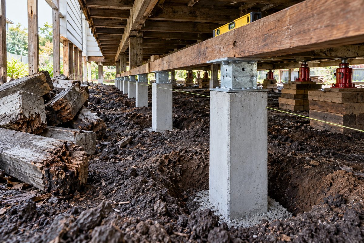 Under a weatherboard house in Warragul during reblocking, a straight row of new square concrete stumps with galvanised ant caps supporting a hardwood bearer, the next bearer held on bottle jacks and packing blocks, and a pile of rotted grey timber stumps on the damp clay