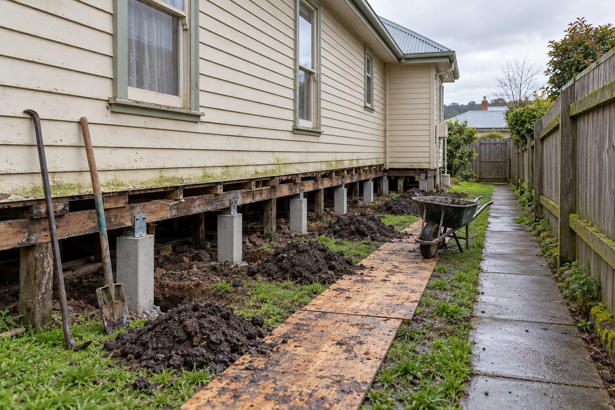 The side of an older weatherboard house in Drouin part way through reblocking on an overcast day, baseboards removed to show alternating new concrete stumps and remaining old timber ones under the bearers, small piles of dark excavated clay beside each hole, a wheelbarrow and crowbar against the cream boards and a mossy paling fence