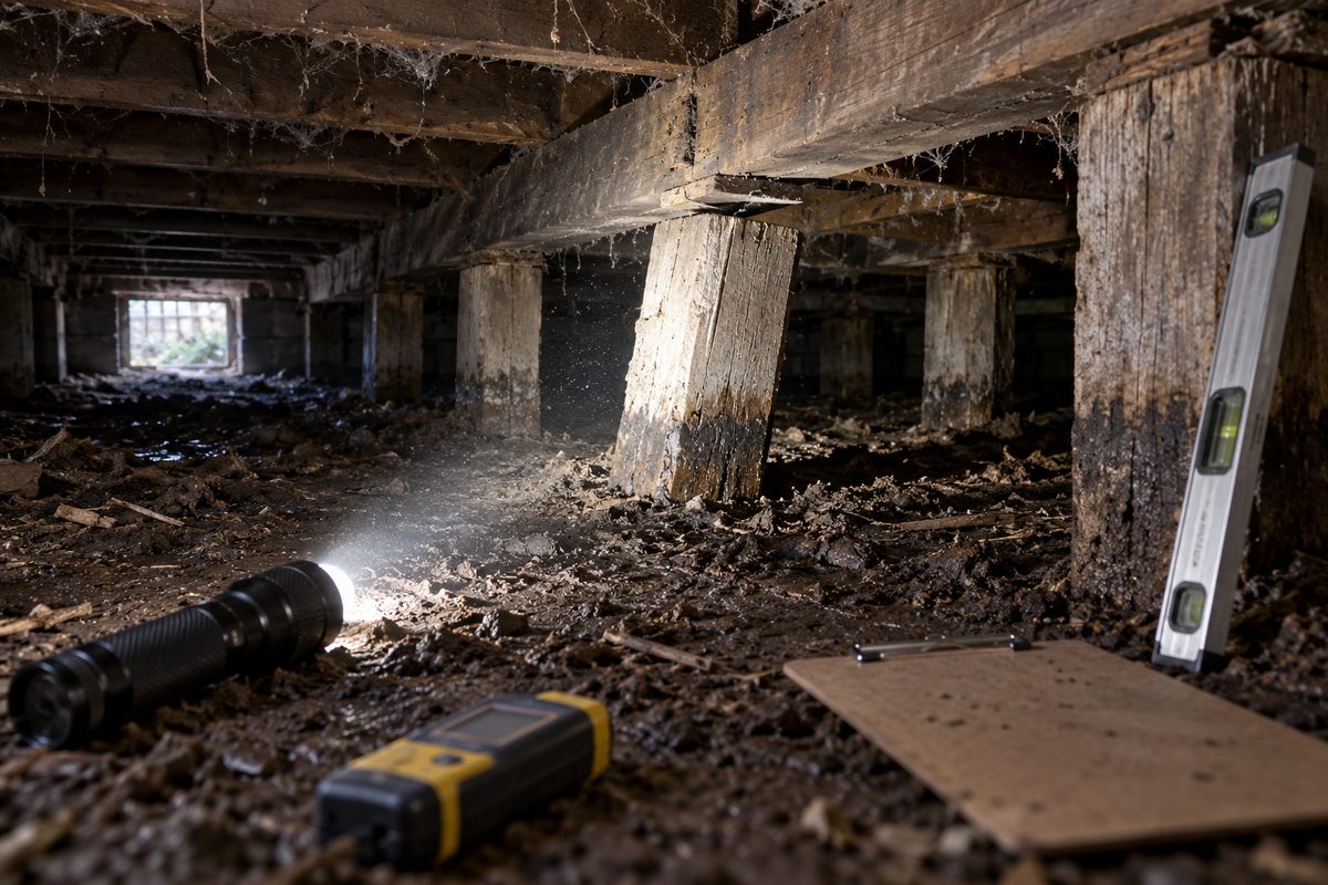 Under an older home in Warragul, a torch beam running along a row of old timber stumps and picking out one that leans and a bearer with a visible gap above its stump, with a moisture meter, a long spirit level and a clipboard on the damp soil
