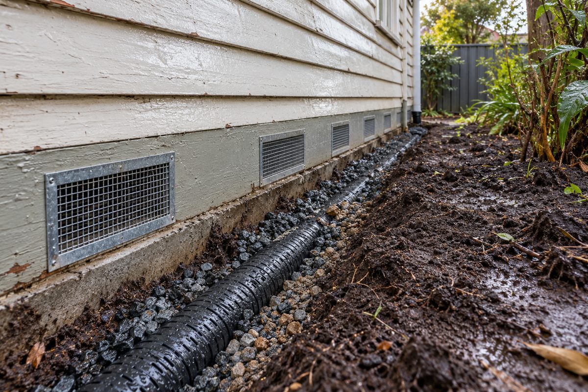 The base of a weatherboard house in Trafalgar after rain, a row of new galvanised steel mesh subfloor vents set into the painted timber baseboards, and a shallow trench along the wall holding a slotted agricultural drain pipe on crushed rock, partly backfilled with gravel and falling toward the back of the yard