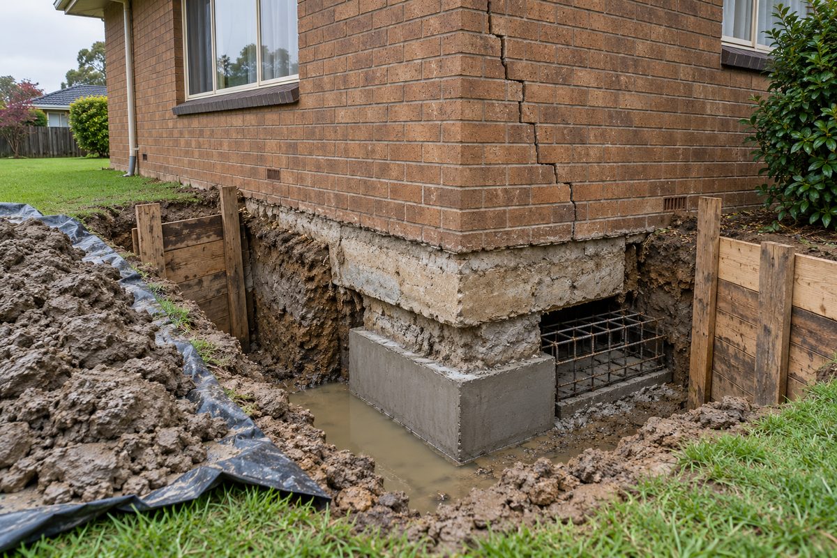 The outside corner of a 1970s brick veneer house in Warragul during underpinning, a shored pit dug beside the strip footing with water in the bottom, a new mass concrete pad poured under one section and reinforcing bars ready for the next, and a stepped crack in the brown brickwork above