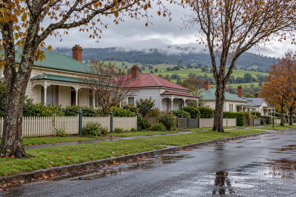 A quiet street of older weatherboard homes on a soft overcast afternoon after rain, white and cream boards, green and red iron roofs, front verandahs and brick chimneys, wet lawns and picket fences, with green paddocks and cloud on the hills beyond